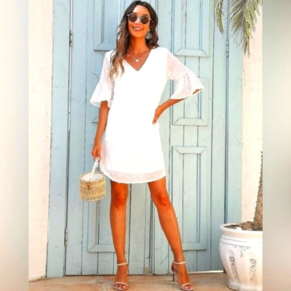 BELONGSCI Women's ultra white Plus size sheer clip dot Bell sleeve midi dress - Picture 2 of 10